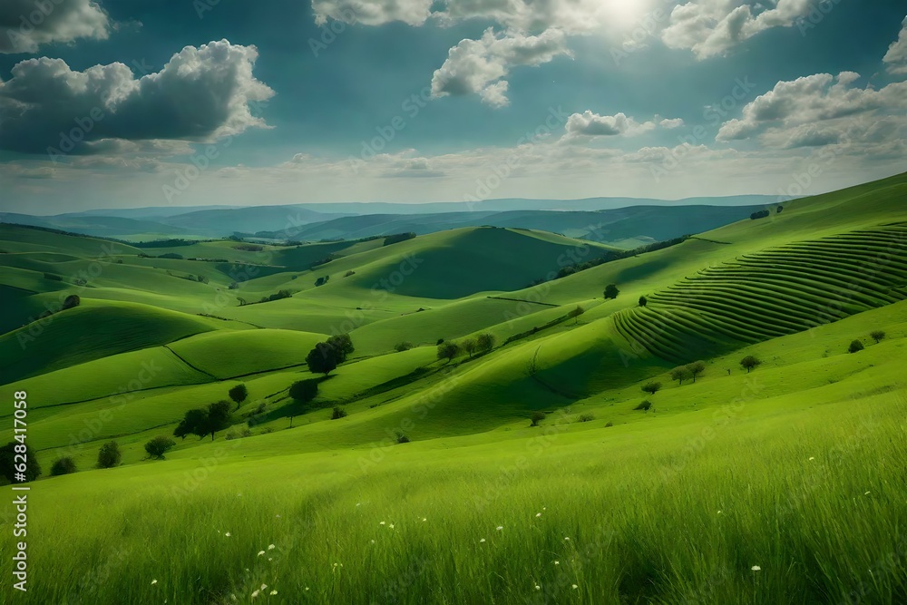 A peaceful countryside with rolling hills, green meadows, and grazing livestock