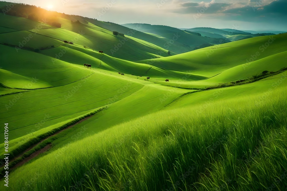 A peaceful countryside with rolling hills, green meadows, and grazing livestock