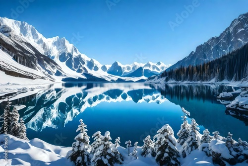 A mountain lake reflecting the snow-capped peaks and clear blue sky © Muhammad