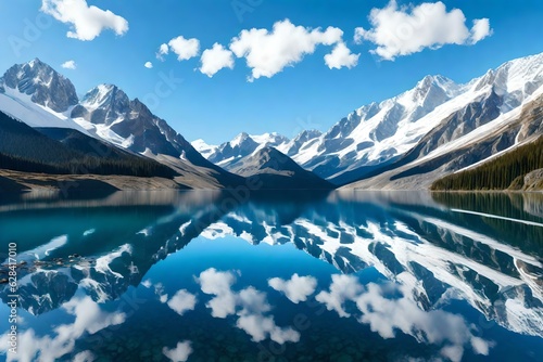 A mountain lake reflecting the snow-capped peaks and clear blue sky © Muhammad