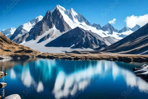 A mountain lake reflecting the snow-capped peaks and clear blue sky