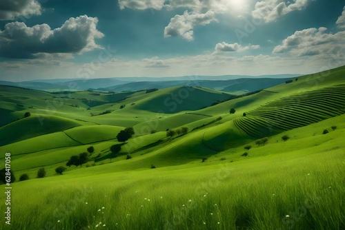 A peaceful countryside with rolling hills  green meadows  and grazing livestock