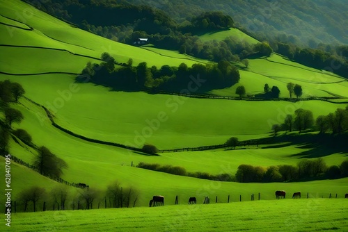 A peaceful countryside with rolling hills  green meadows  and grazing livestock