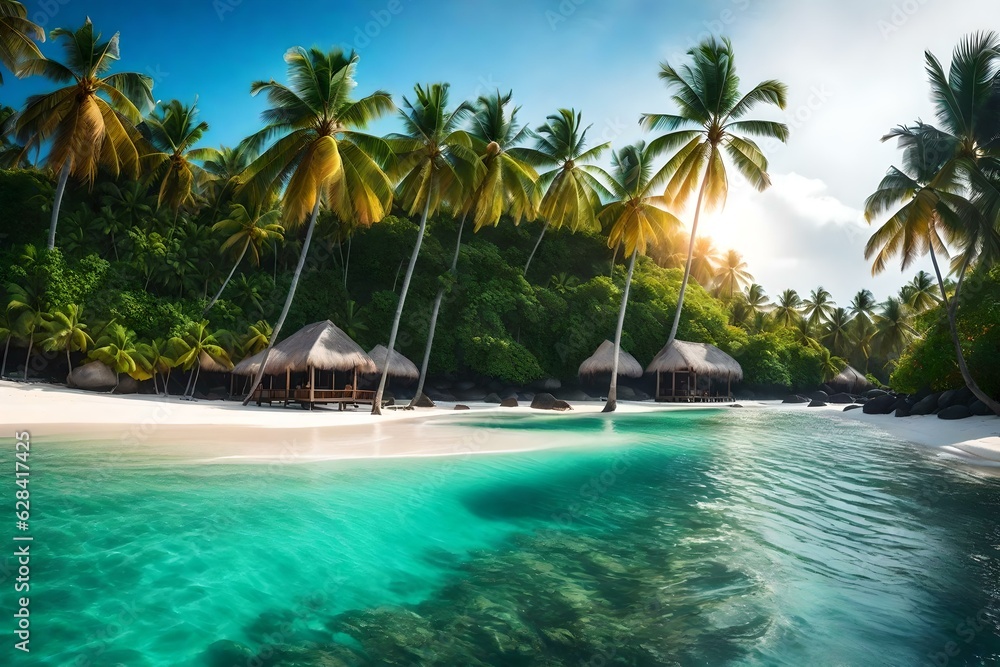 A picture-perfect tropical beach with crystal-clear waters, palm trees, and white sandy shores