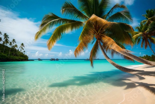 A picture-perfect tropical beach with crystal-clear waters  palm trees  and white sandy shores