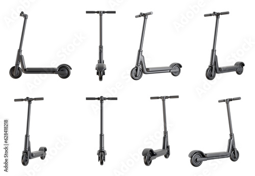 Set 3d electric scooter in different views isolated on white background. Realistic render ecology modern transport. Bright illustration.