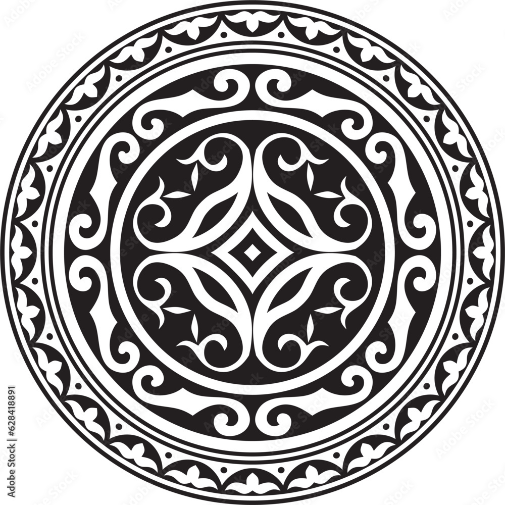 Vector black monochrome round Kazakh national ornament. Ethnic pattern of the peoples of the Great Steppe, .Mongols, Kyrgyz, Kalmyks, Buryats. circle, frame border.