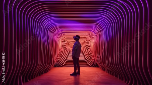 A man wearing a vr headset stands in front of a neon