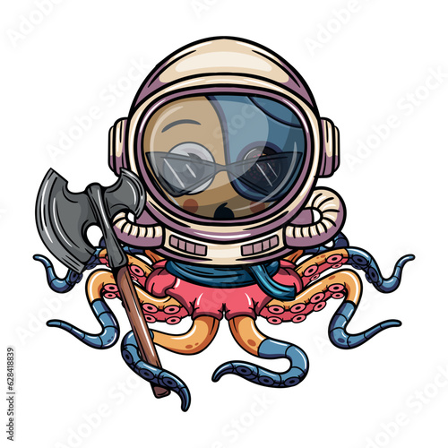 Cartoon cyborg yellow octopus character wearing astronaut space suit with war axe. Illustration for fantasy, science fiction and adventure comics