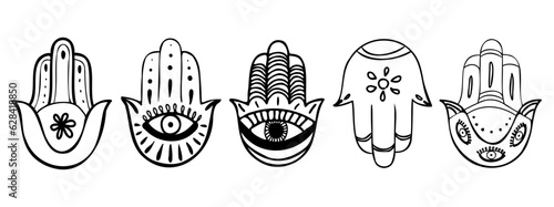 Set of Hamsa hand drawn symbol with lotus flower. Hamsa hand, Hand of Fatima - amulet, symbol of protection from devil eye