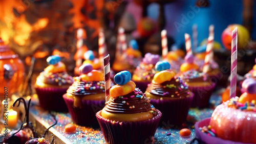 Delicious cupcakes with colorful candies and lollipops. Halloween Food