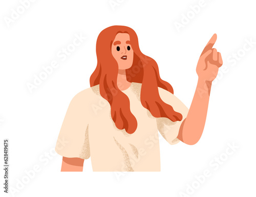 Woman pointing with index finger. Young girl showing, indicating something. Person clicking, touching, choosing with hand gesture. Flat graphic vector illustration isolated on white background