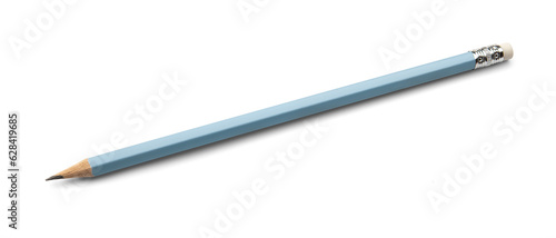 A simple pencil with a blue cover and an eraser on the end on a white background photo