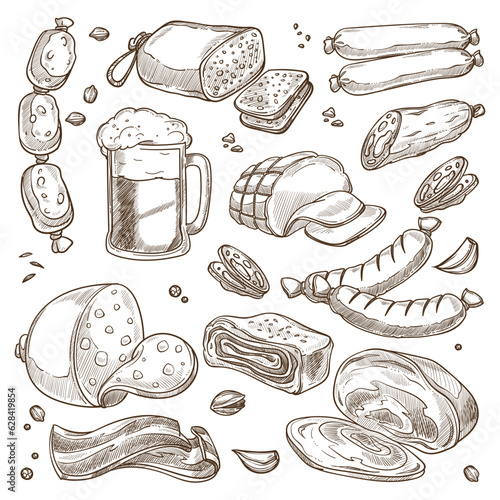 Sausages and ham, meat and glass of beer sketch