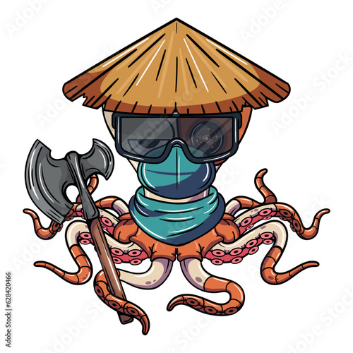 Cartoon cyborg octopus character with Chinese hat, a war axe, glasses and a face mask. Illustration for fantasy, science fiction and adventure comics