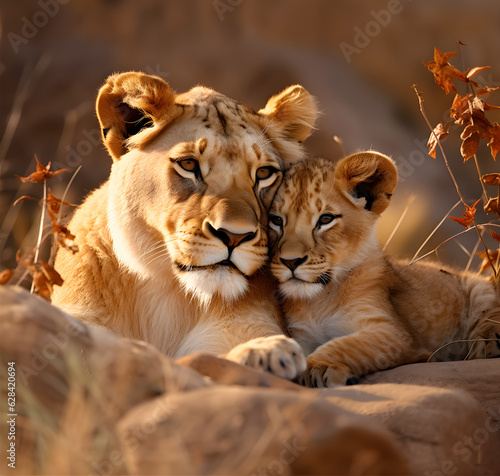 Lioness cuddles with her young cub - AI generated  © Lulla
