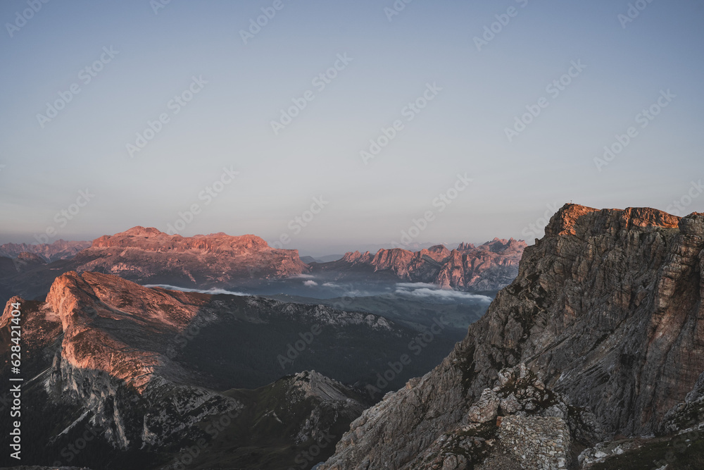 Morning Landscape view on mountains of The Dolomites in Italy during sunrise