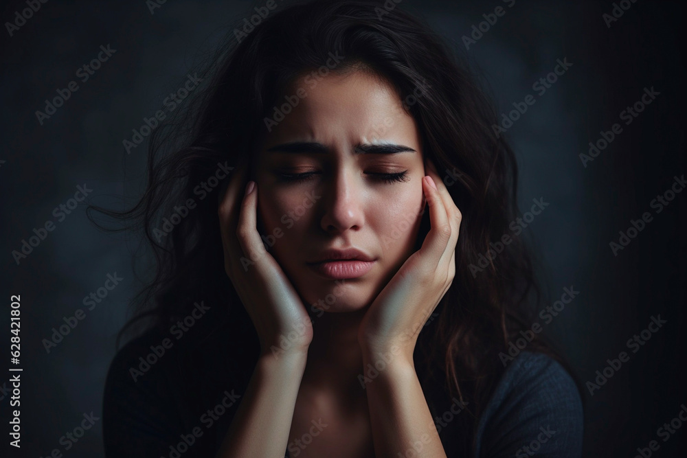 Sad tired woman touching face having headache or depression Sad tired woman touching face having headache or depression