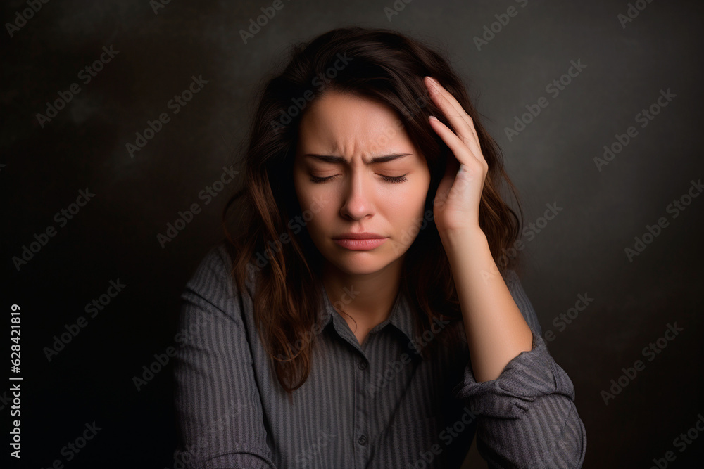 Sad tired woman touching face having headache or depression Sad tired woman touching face having headache or depression