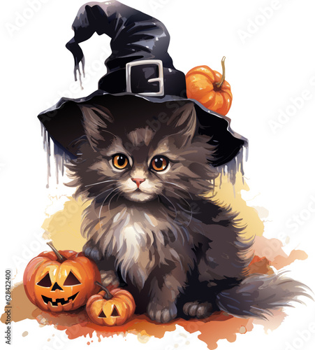 Leinwand Poster vector watercolor black cat with hat and pumpkin