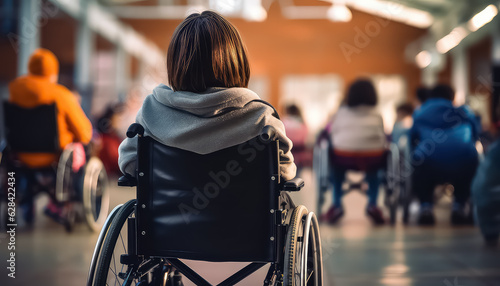 Rear view of a young disabled teenager with no legs sitting in a wheelchair