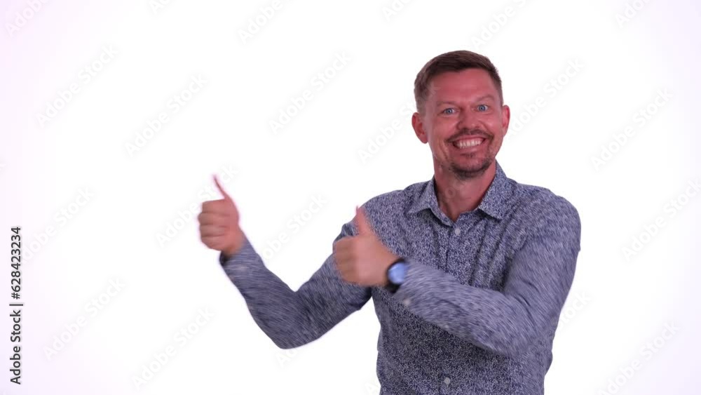 Portrait of smiling happy man showing thumbs up. Great solution approved and feedback recommendation Portrait of smiling happy man showing thumbs up. Great solution approved and feedback recommendation