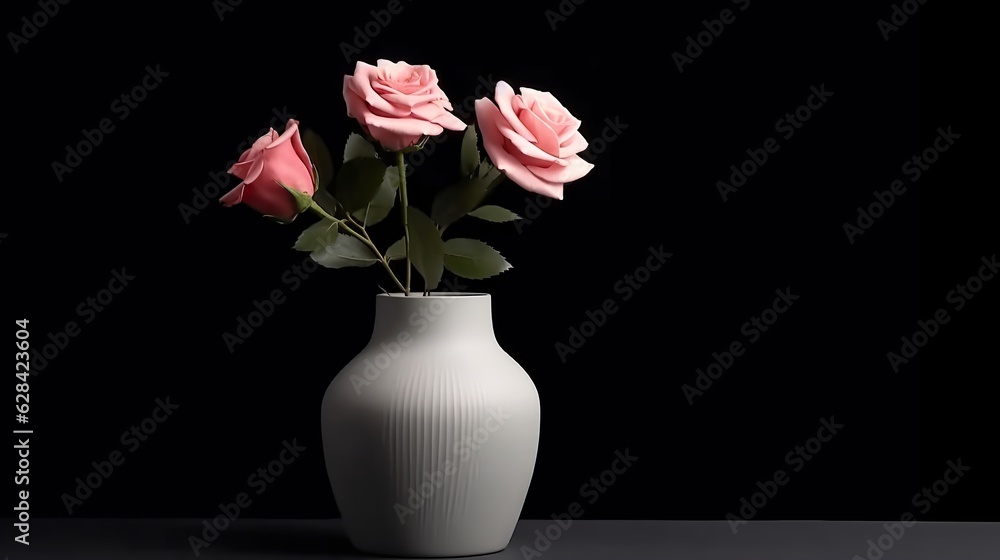rose flower in white vase and on black background