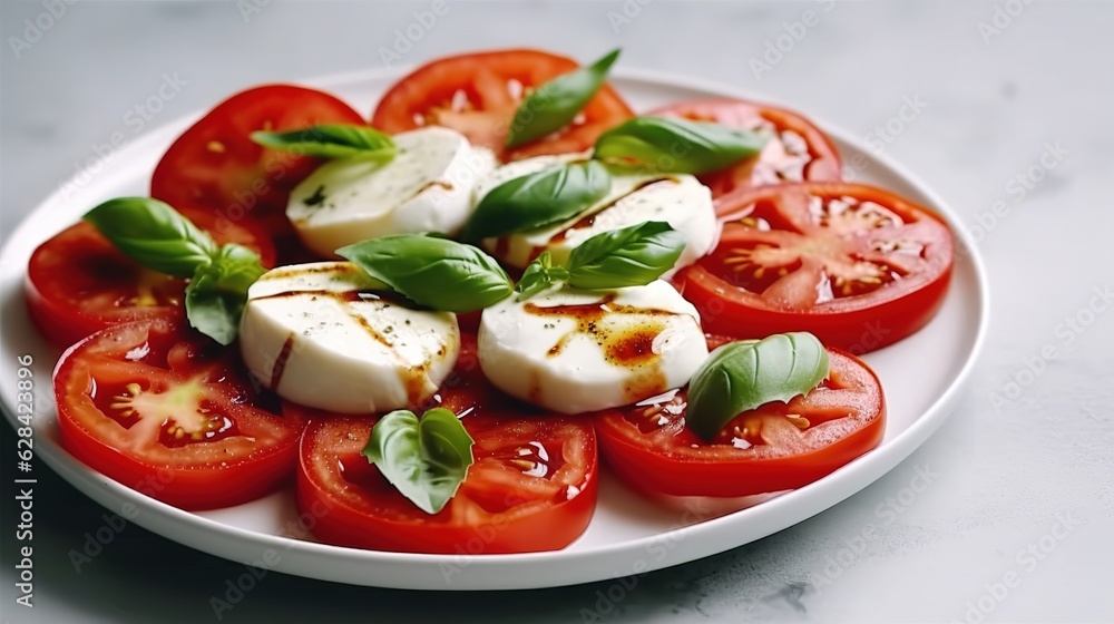 Italian Caprese salad with sliced tomatoes, mozzarella cheese, basil, olive oil on light background. Vegetarian food Generative AI Italian Caprese salad with sliced tomatoes, mozzarella cheese, basil, olive oil on light background. Vegetarian food Generative AI