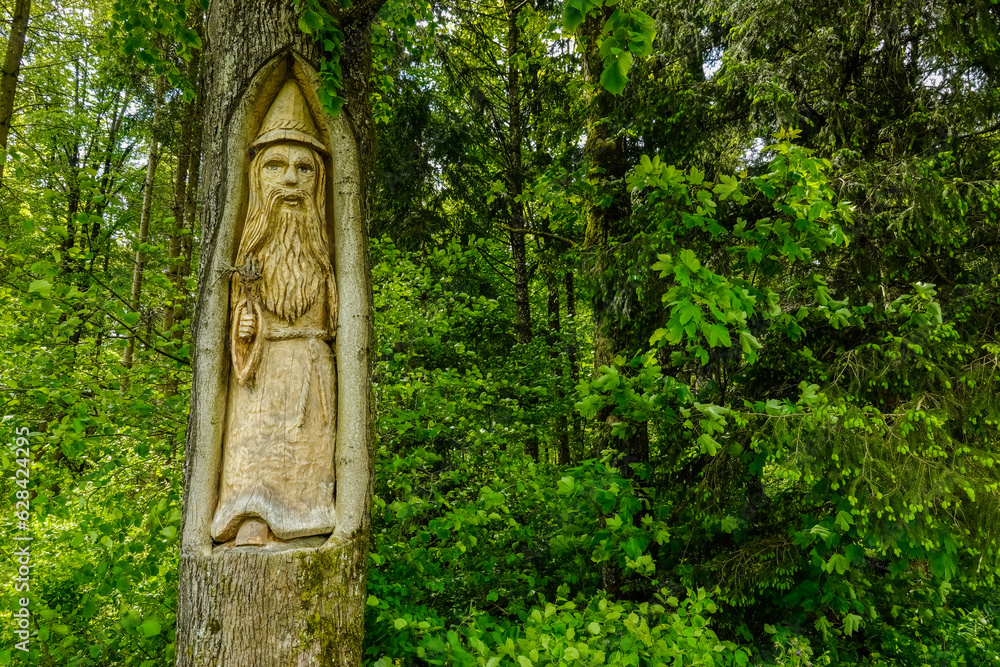 carved tree with a saint figure in a green forest detail carved tree with a saint figure in a green forest detail