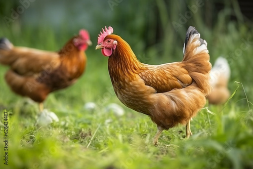 Happy chickens roaming free on farm meadow. Farm animal welfare and care. Generative Ai