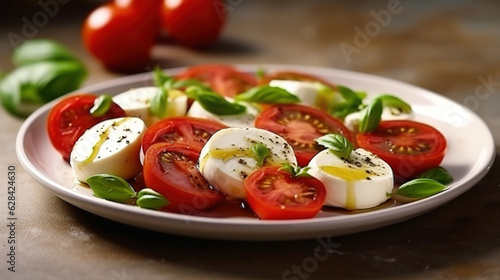Italian Caprese salad with sliced tomatoes, mozzarella cheese, basil, olive oil on light background. Vegetarian food Generative AI
