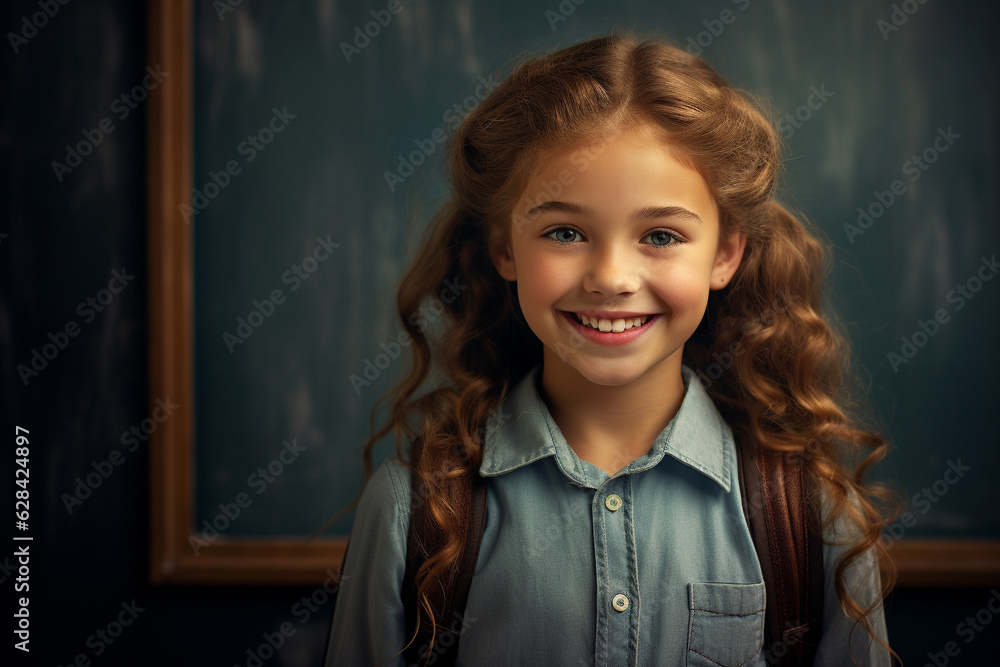 Happy young girl standing in classroom, back to school and education concept. Generative AI Happy young girl standing in classroom, back to school and education concept. Generative AI