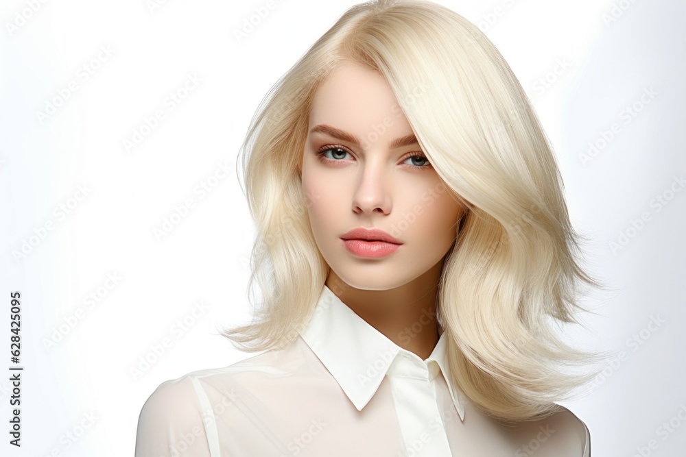 Illustration for hair salon, portrait of a fictional beautiful woman with stylish hair isolated on a plain background. Generative AI. Illustration for hair salon, portrait of a fictional beautiful woman with stylish hair isolated on a plain background. Generative AI.