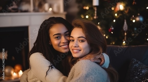 A young couple of lesbian lovers hugging near the fireplace at Christmas. Friendship and homosexual relationships Generative AI