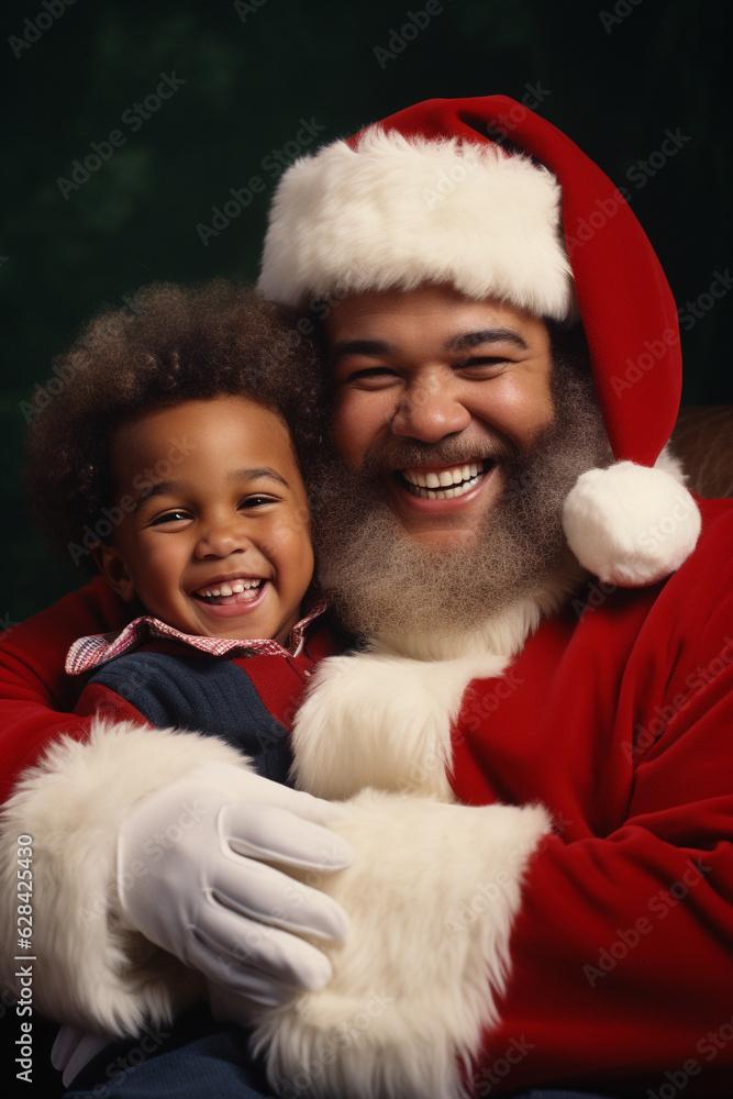 Happy kid sitting on Santa Claus laps, Christmas time. generative AI Happy kid sitting on Santa Claus laps, Christmas time. generative AI