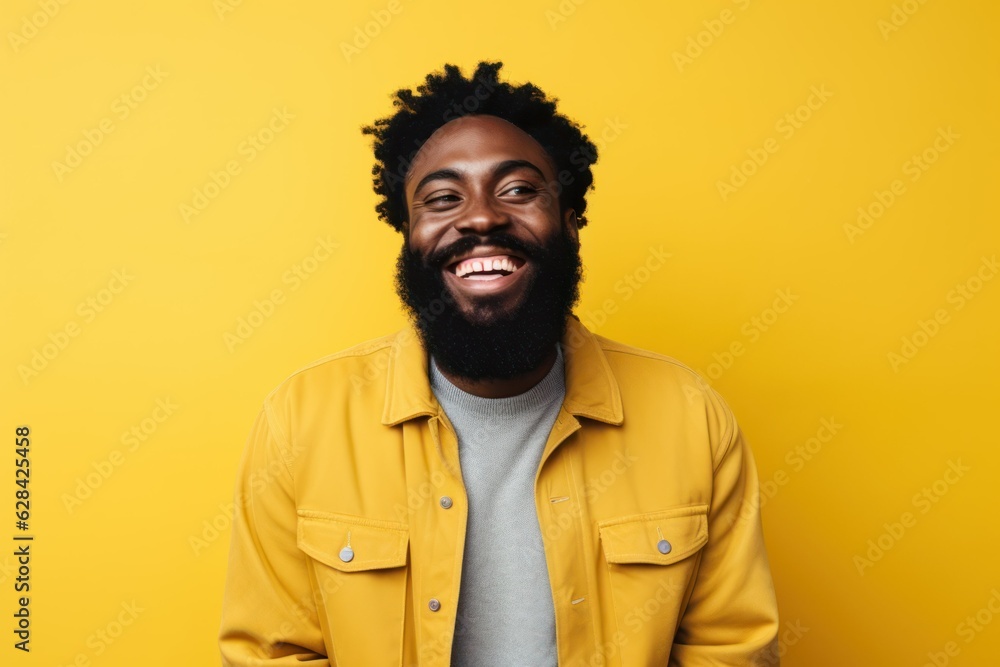 Portrait of a fictional smiling black man with a beard isolated on a plain colored background. Generative AI. Portrait of a fictional smiling black man with a beard isolated on a plain colored background. Generative AI.