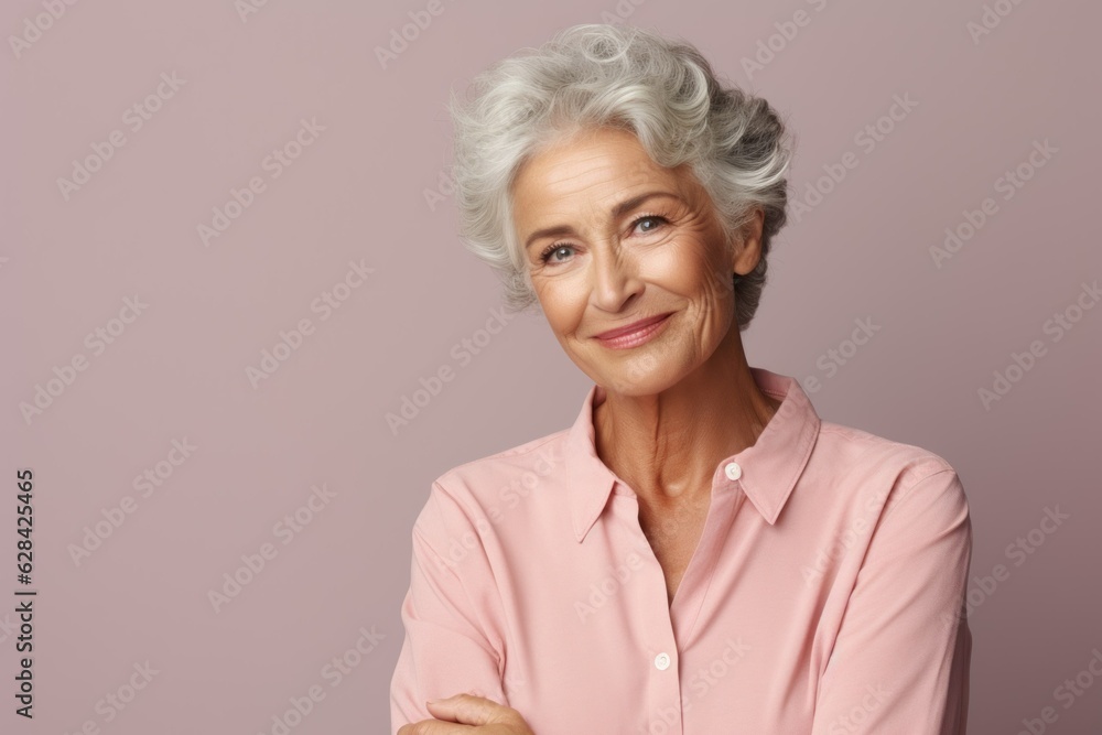 Portrait of a fictional smiling old lady isolated on a plain colored background. Generative AI. Portrait of a fictional smiling old lady isolated on a plain colored background. Generative AI.