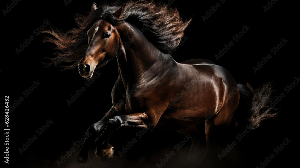 a brown horse is galloping in the dark with its hair blow 