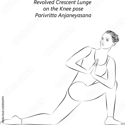 Sketch of young woman practicing yoga, doing Revolved Crescent Lunge on the Knee pose. Parivritta Anjaneyasana. Standing and Twist. Intermediate. Isolated vector illustration.