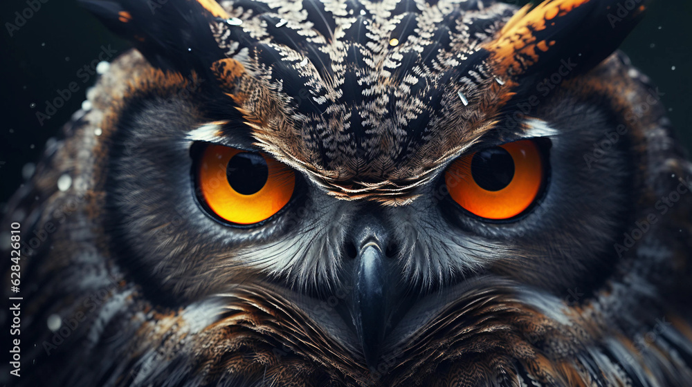 a close up of an owls face with orange eyes a close up of an owls face with orange eyes