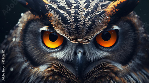 a close up of an owls face with orange eyes