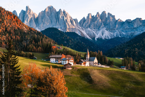 Beautiful landscape shot of church in Santa Maddalena Magdalena Dolomites Italy