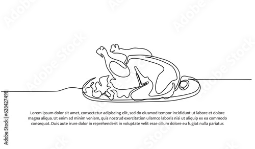 Whole chicken one continuous line design. Decorative elements drawn on a white background.
