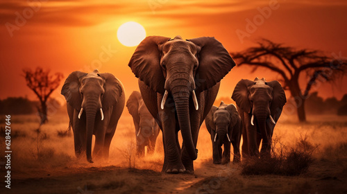 a herd of elephants walking across a dry grass field at sunset © HuddaimaZahra