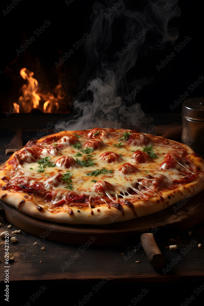 Delicious rustic traditional Italian pizza with cherry tomatoes, meat, salsiccia and basil on an old table with a dark background with old kitchen dishes