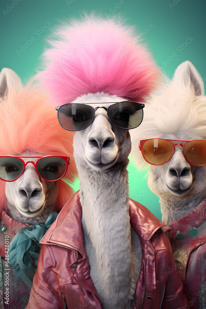 Surrealist photorealistic closeup portrait of three llamas smiling with crazy pink hairstyle and sunglasses with pink pastel background. Retro-futuristic concept art