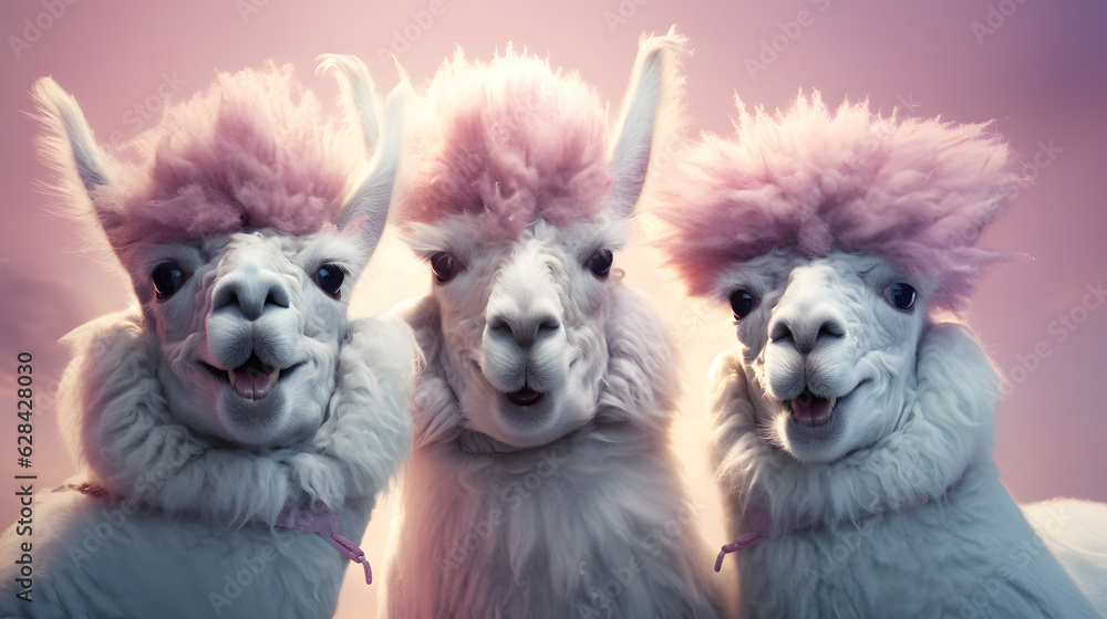 Surrealist photorealistic closeup portrait of three llamas smiling with crazy pink hairstyle with pink pastel background. Retro-futuristic concept art