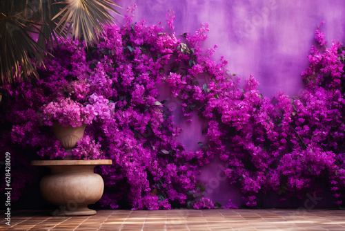 Leinwand Poster empty wooden floor and purple bougainvillaea flower vain with a wall in backgrou