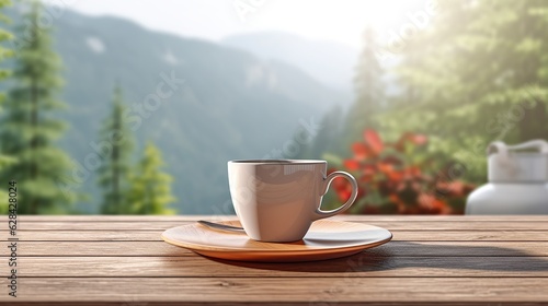 Wooden table with a cup of coffee