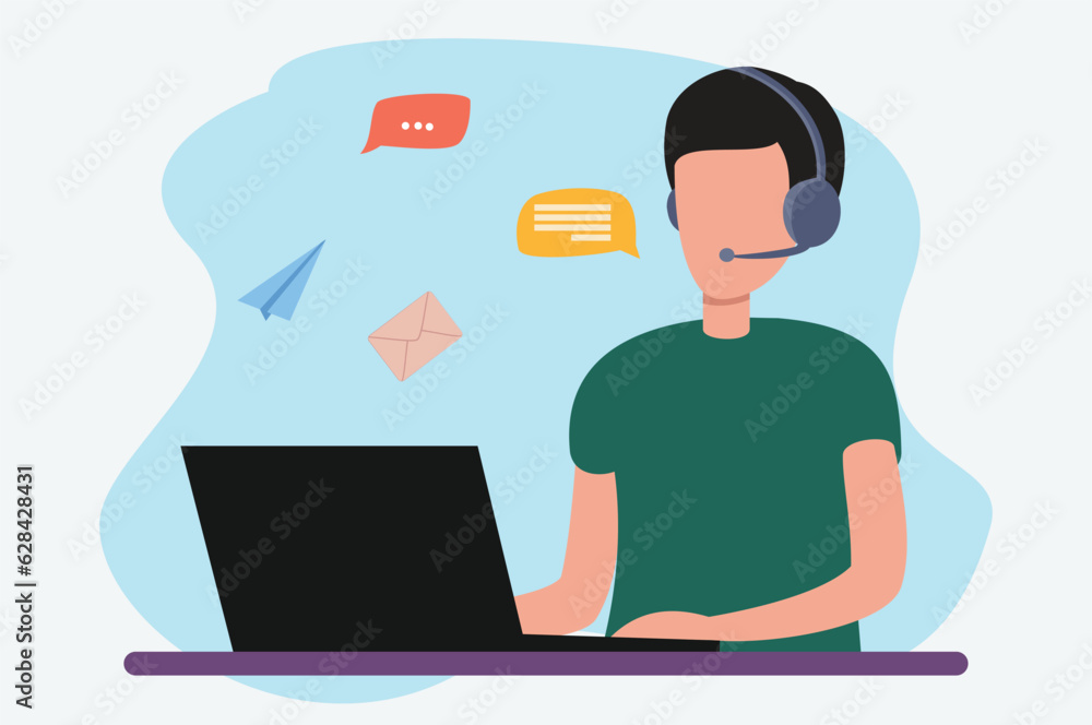 costumer service, assistant service, person advisor and helpful advice services. Social media. online consultant a man work a laptop communication on a headset costumer service, assistant service, person advisor and helpful advice services. Social media. online consultant a man work a laptop communication on a headset